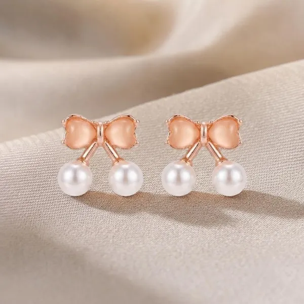 The99jewel_Rose_Gold_Plated_Bow_Shape_Austrian_Stone_Pearl_Stud_Earrings_For_Women_Rose_Gold