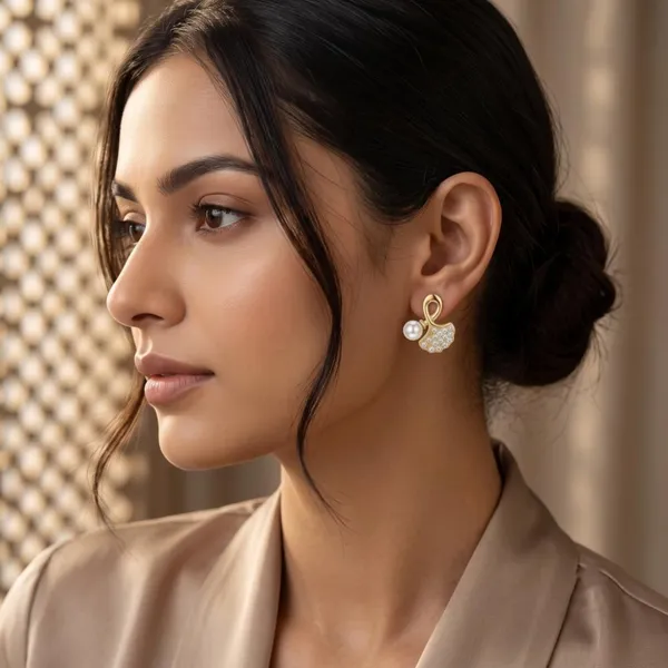 The99jewel_Gold_Plated_Leaf_Shape_Austrian_Stone_Pearl_Stud_Earrings_For_Women_Gold