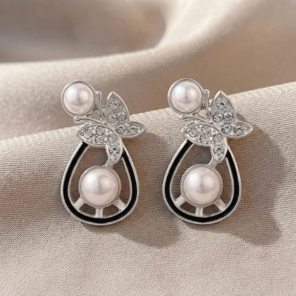 The99jewel_Silver_Plated_Butterfly_Shape_Austrian_Stone_Pearl_Stud_Earrings_For_Women_Silver