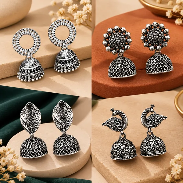 The99jewel_Set_Of_4_Oxidised_Jhumki_Earrings_Combo_Oxidised