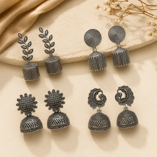 The99jewel_Set_Of_4_Oxidised_Jhumki_Earrings_Combo_Oxidised