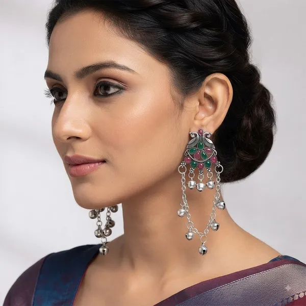 The99jewel_Kashmiri_Silver_Plated_Ghungroo_Dangler_Earrings_For_Women_Green_Pink