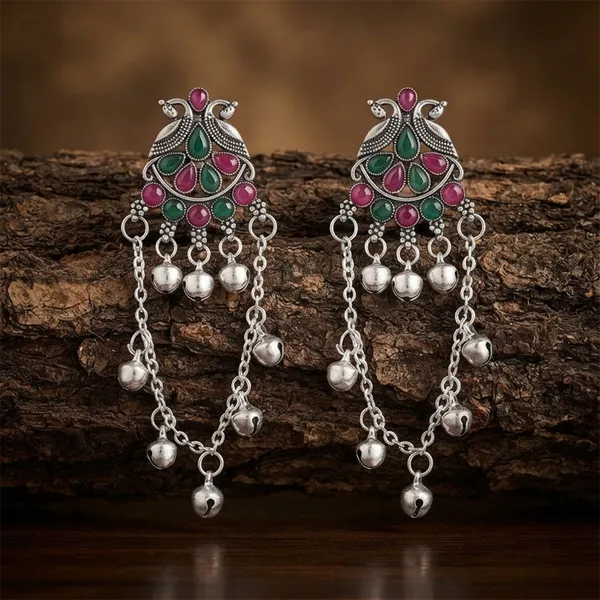 The99jewel_Kashmiri_Silver_Plated_Ghungroo_Dangler_Earrings_For_Women_Green_Pink
