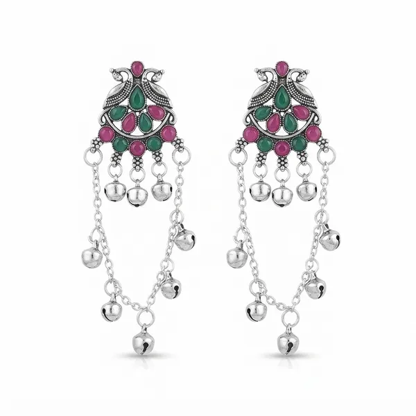 The99jewel_Kashmiri_Silver_Plated_Ghungroo_Dangler_Earrings_For_Women_Green_Pink