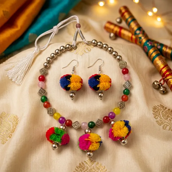 The99jewel_Traditional_Oxidised_Silver_Tone_Pom_Pom_Necklace_Set_For_Women_Multi