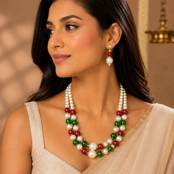 The99jewel_Stylish_Two_Layer_Pearl_Beaded_Mala_Necklace_Set_For_Women_Trendy_Ethnic_Fashion_Jewellery_Green_Red