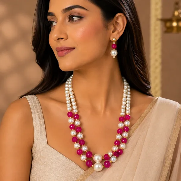 The99jewel_Stylish_Two_Layer_Pearl_Beaded_Mala_Necklace_Set_For_Women_Trendy_Ethnic_Fashion_Jewellery_Pink