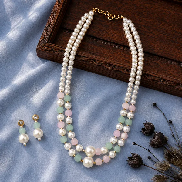 The99jewel_Stylish_Two_Layer_Pearl_Beaded_Mala_Necklace_Set_For_Women_Trendy_Ethnic_Fashion_Jewellery_Green_Pink