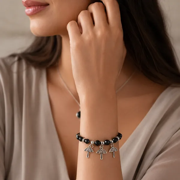 The99jewel_Stylish_Black_Beaded_Umbrella_Charm_Bracelet_For_Women_Girls_Black