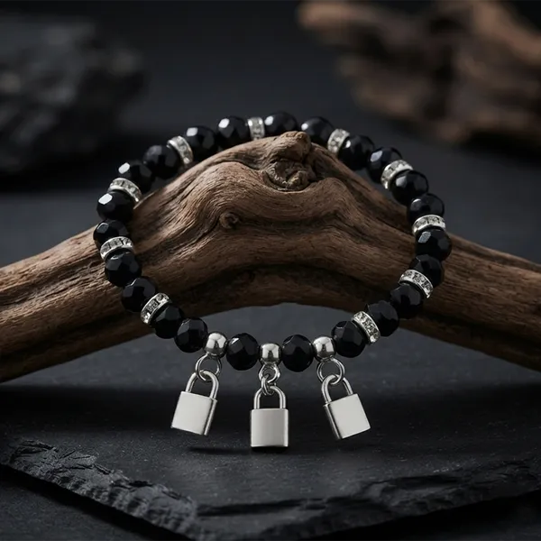 The99jewel_Stylish_Black_Beaded_Lock_Charm_Bracelet_For_Women_Girls_Black