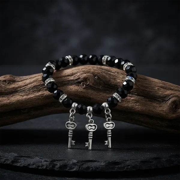 The99jewel_Stylish_Black_Beaded_Key_Charm_Bracelet_For_Women_Girls_Black