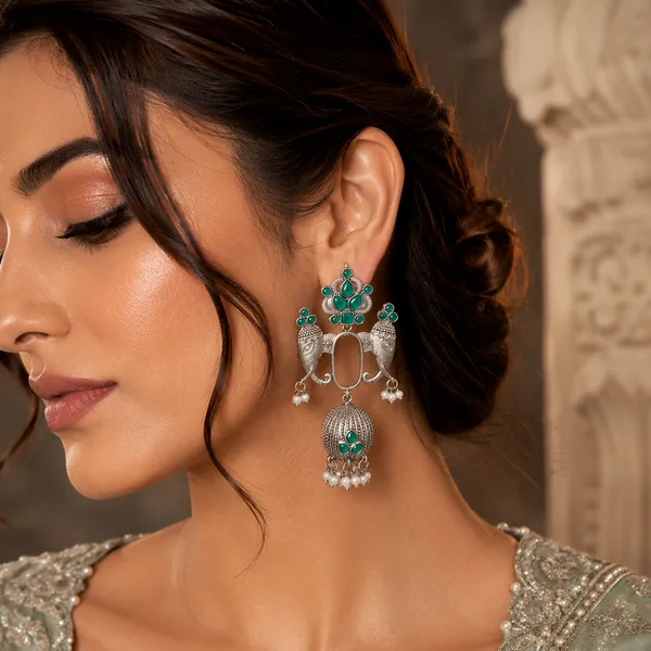 The99jewel_Oxidized_Silver_Elephant_Motif_Jhumka_Earrings_With_Green_Stones_Pearl_Drops_Green