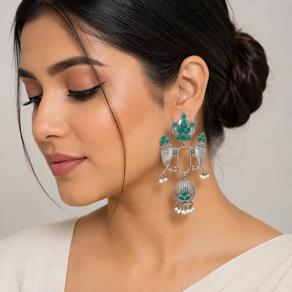 The99jewel_Oxidized_Silver_Elephant_Motif_Jhumka_Earrings_With_Green_Stones_Pearl_Drops_Green