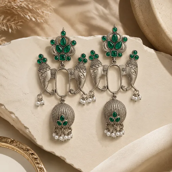 The99jewel_Oxidized_Silver_Elephant_Motif_Jhumka_Earrings_With_Green_Stones_Pearl_Drops_Green