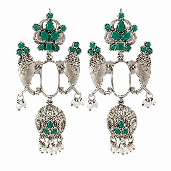The99jewel_Oxidized_Silver_Elephant_Motif_Jhumka_Earrings_With_Green_Stones_Pearl_Drops_Green
