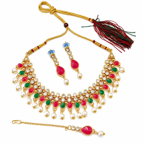 The99jewel_Gorgeous_Austrian_Stone_Pearl_Choker_Necklace_Set_For_Women_Bridal_Festive_Jewellery_Green_Pink