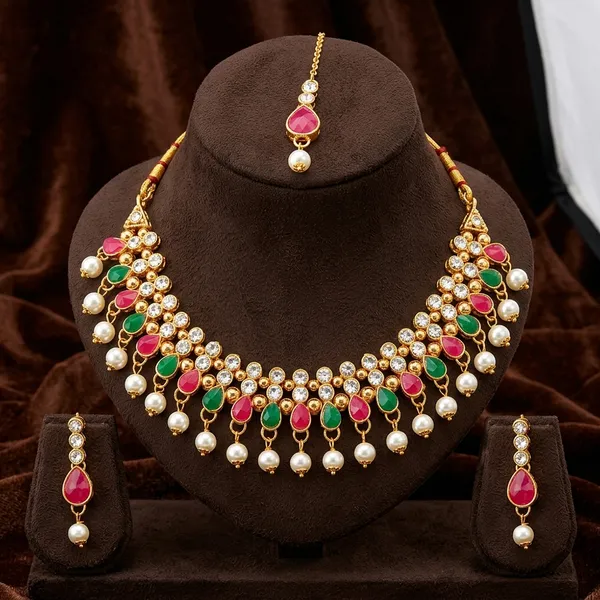 The99jewel_Gorgeous_Austrian_Stone_Pearl_Choker_Necklace_Set_For_Women_Bridal_Festive_Jewellery_Green_Pink
