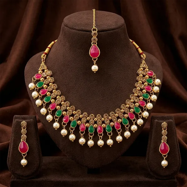 The99jewel_Gorgeous_Austrian_Stone_Pearl_Choker_Necklace_Set_For_Women_Bridal_Festive_Jewellery_Green_Pink