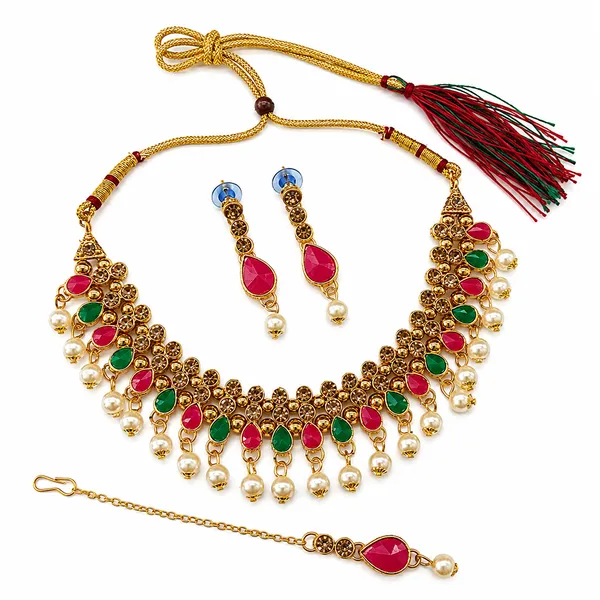 The99jewel_Gorgeous_Austrian_Stone_Pearl_Choker_Necklace_Set_For_Women_Bridal_Festive_Jewellery_Green_Pink