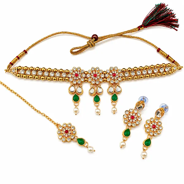 The99jewel_Elegant_Austrian_Crystal_Stone_Pearl_Choker_Necklace_Set_For_Women_Festive_Jewellery_Green_Pink