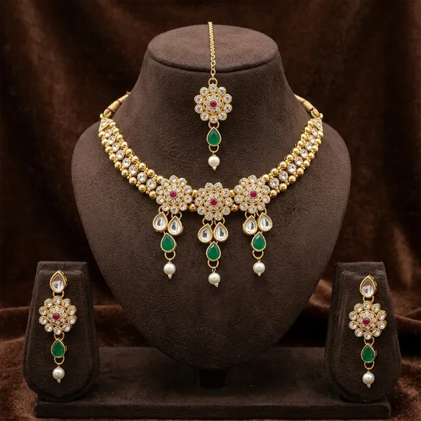 The99jewel_Elegant_Austrian_Crystal_Stone_Pearl_Choker_Necklace_Set_For_Women_Festive_Jewellery_Green_Pink
