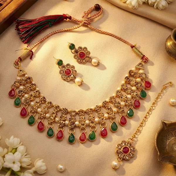 The99jewel_Stylish_Austrian_Crystal_Stone_Pearl_Choker_Necklace_Set_For_Women_Fashion_Jewellery_Green_Pink