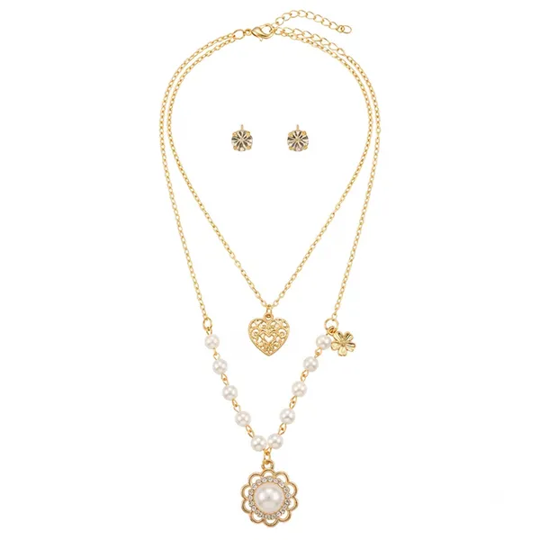 The99jewel_Double_Layer_Pearl_Necklace_Set_With_Floral_And_Heart_Shape_Pendant_For_Women_White