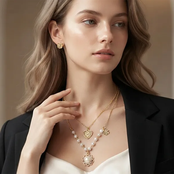 The99jewel_Double_Layer_Pearl_Necklace_Set_With_Floral_And_Heart_Shape_Pendant_For_Women_White