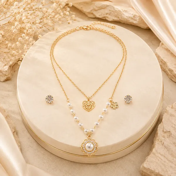 The99jewel_Double_Layer_Pearl_Necklace_Set_With_Floral_And_Heart_Shape_Pendant_For_Women_White