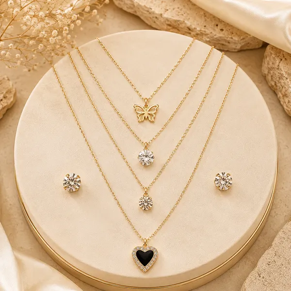The99jewel_Double_Layer_Crystal_Necklace_Set_With_Butterfly_And_Heart_Shape_Pendant_For_Women_Black