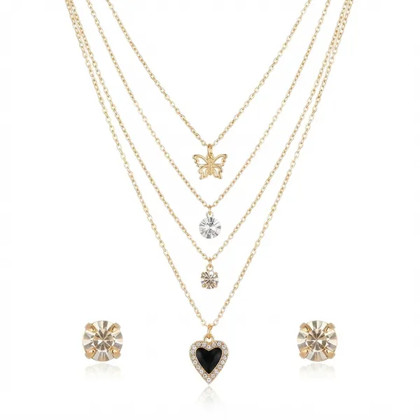 The99jewel_Double_Layer_Crystal_Necklace_Set_With_Butterfly_And_Heart_Shape_Pendant_For_Women_Black