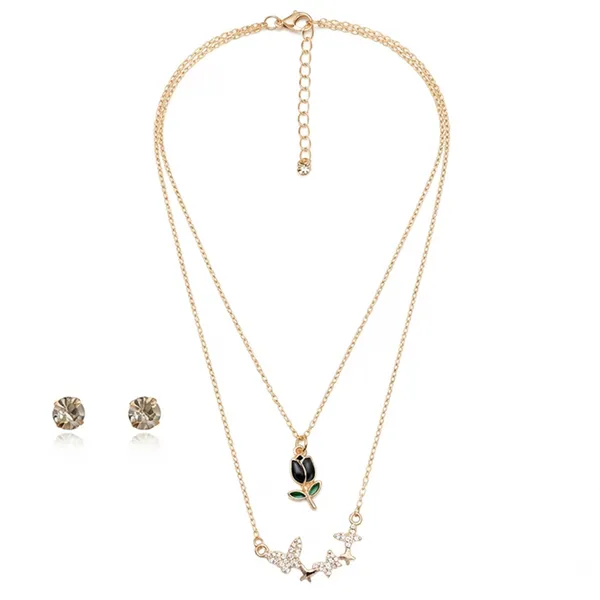 The99jewel_Double_Layernecklace_Set_With_Tulip_And_Butterfly_Shape_Pendant_For_Women_Black