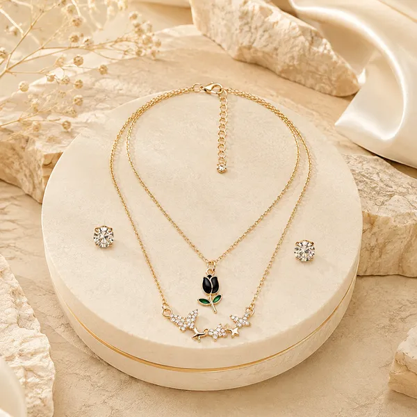 The99jewel_Double_Layernecklace_Set_With_Tulip_And_Butterfly_Shape_Pendant_For_Women_Black