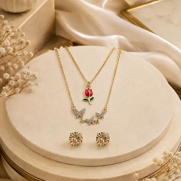 The99jewel_Double_Layernecklace_Set_With_Tulip_And_Butterfly_Shape_Pendant_For_Women_Red