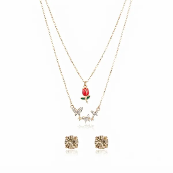 The99jewel_Double_Layernecklace_Set_With_Tulip_And_Butterfly_Shape_Pendant_For_Women_Red