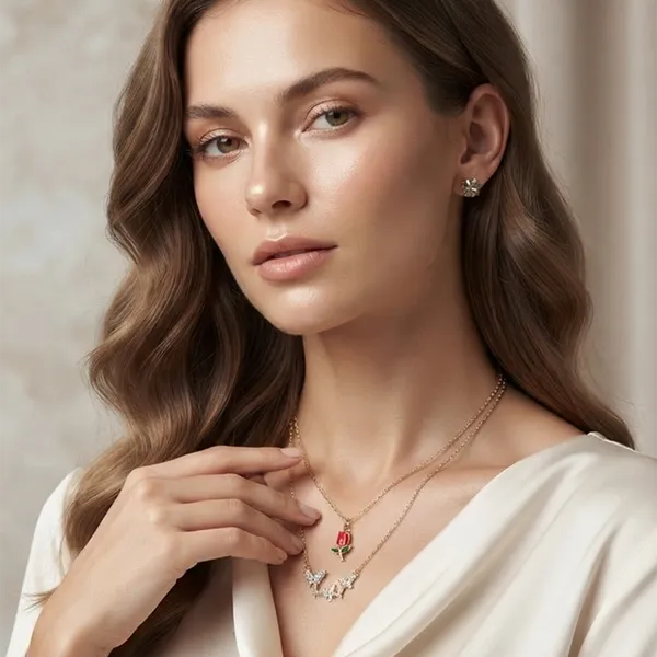 The99jewel_Double_Layernecklace_Set_With_Tulip_And_Butterfly_Shape_Pendant_For_Women_Red