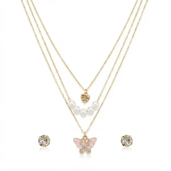 The99jewel_Double_Layer_Crystal_Necklace_Set_With_Butterfly_And_Heart_Shape_Pendant_For_Women_Pink