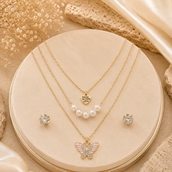The99jewel_Double_Layer_Crystal_Necklace_Set_With_Butterfly_And_Heart_Shape_Pendant_For_Women_Pink