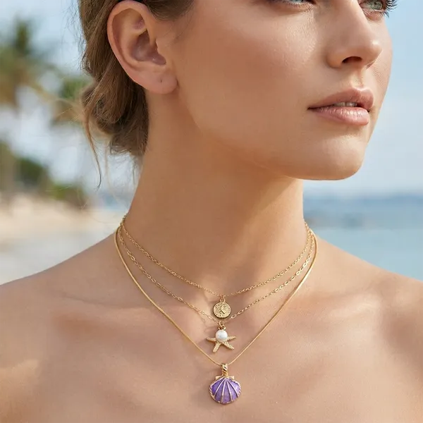 The99jewel_Three_Layer_Necklace_Set_With_Shell_And_Star_Pendant_For_Women_Purple