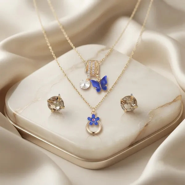 The99jewel_Double_Layer_Necklace_Set_With_Butterfly_Shape_Pendant_And_Charms_For_Women_Blue