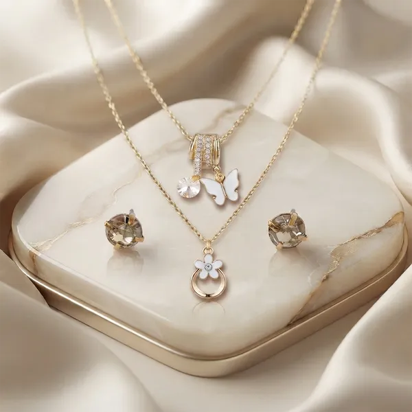 The99jewel_Double_Layer_Necklace_Set_With_Butterfly_Shape_Pendant_And_Charms_For_Women_White