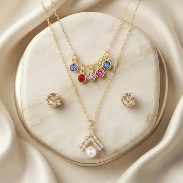 The99jewel_Double_Layer_Necklace_Set_With_Crystal_And_Pearl_For_Women_Multi