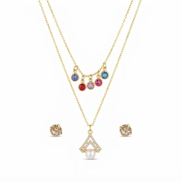 The99jewel_Double_Layer_Necklace_Set_With_Crystal_And_Pearl_For_Women_Multi