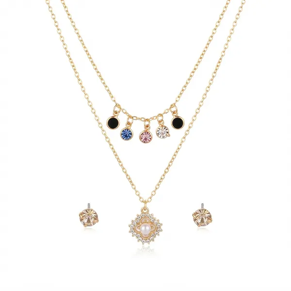 The99jewel_Double_Layer_Necklace_Set_With_Floral_Shape_Pendant_And_Crystal_Stone_For_Women_Multi