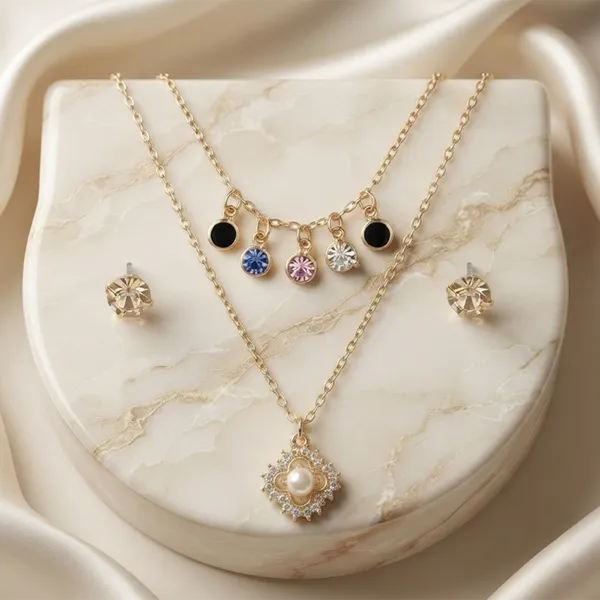 The99jewel_Double_Layer_Necklace_Set_With_Floral_Shape_Pendant_And_Crystal_Stone_For_Women_Multi