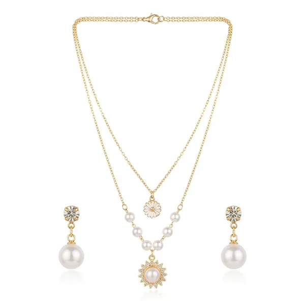 The99jewel_Double_Layer_Pearl_Necklace_Set_With_Floral_Shape_Pendant_And_Charms_For_Women_White