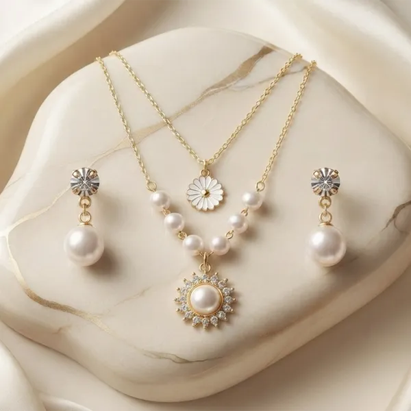The99jewel_Double_Layer_Pearl_Necklace_Set_With_Floral_Shape_Pendant_And_Charms_For_Women_White