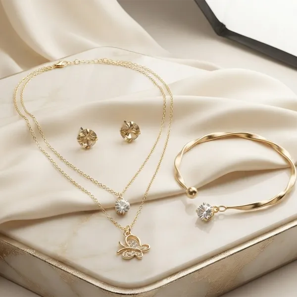 The99jewel_Double_Layer_Necklace_Set_With_Butterfly_Pendant_And_Gold_Plated_Bracelet_Combo_For_Women_White