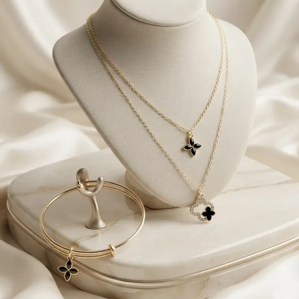 The99jewel_Double_Layer_Necklace_Set_With_Clover_Shape_Pendant_And_Charms_Combo_For_Women_Multi