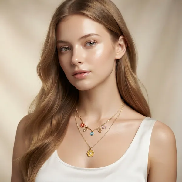 The99jewel_Double_Layer_Necklace_Set_With_Floral_Shape_Charms_For_Women_Yellow